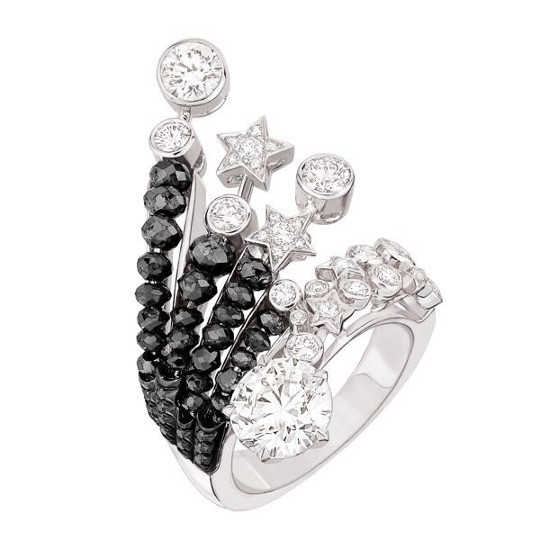 The ‘Nuit de Diamants’ ring LG in 18ct white gold set with a 1.5ct round-cut diamond, 28 brilliant-cut diamonds for a total weight of 1ct, and 25 faceted black-diamond beads for a total weight of 3.8ct; and 11 brilliant-cut black diamonds. Photo: Chanel Fine Jewelry