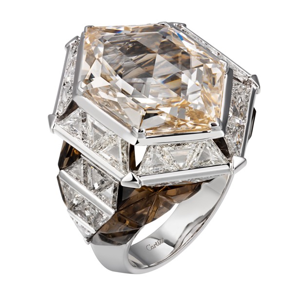 The Psyche ring from Cartier's Magicien collection features a light-brown 8.66ct hexagonal diamond.