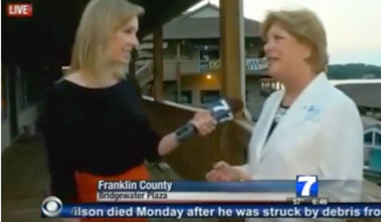 A frame from video of Alison Parker (left) during the live news report, moments before she was shot dead on camera. Photo: AFP