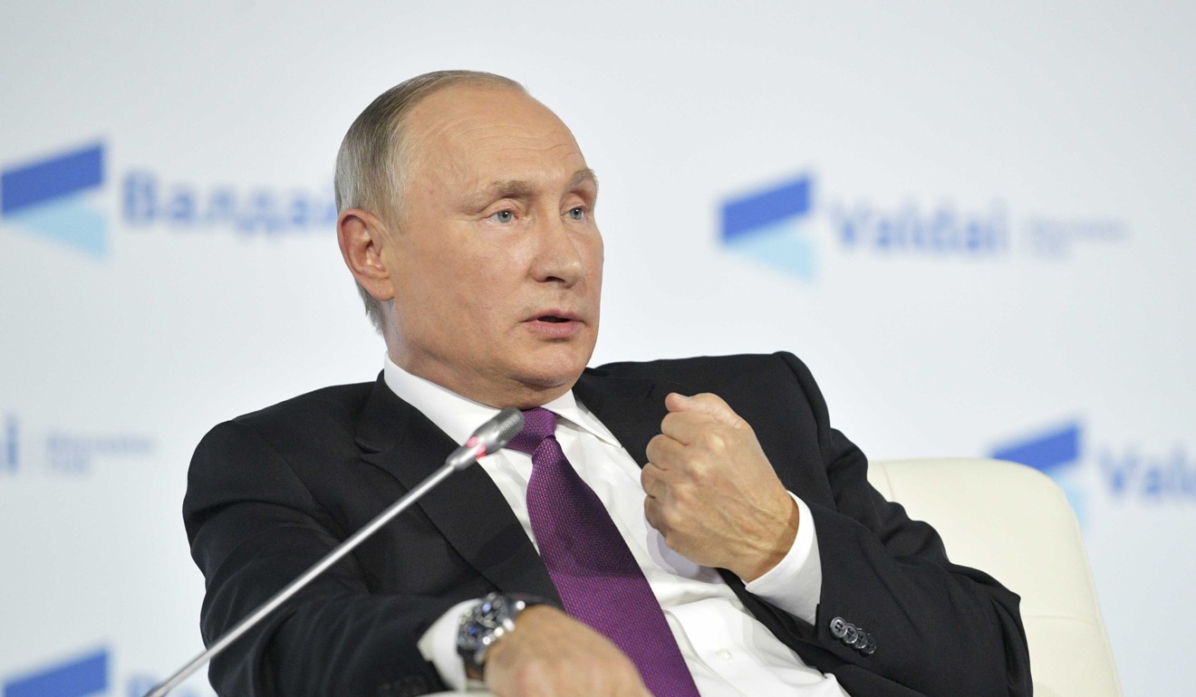 Russian President Vladimir Putin speaks during a session of the Valdai Discussion Club in Sochi, Russia, on October 19. Putin has condemned the legacy of Vladimir Lenin as having placed a “time bomb” under the Soviet Union, leading to its eventual demise and enflaming ethnic tensions. Photo: Sputnik/Kremlin via Reuters