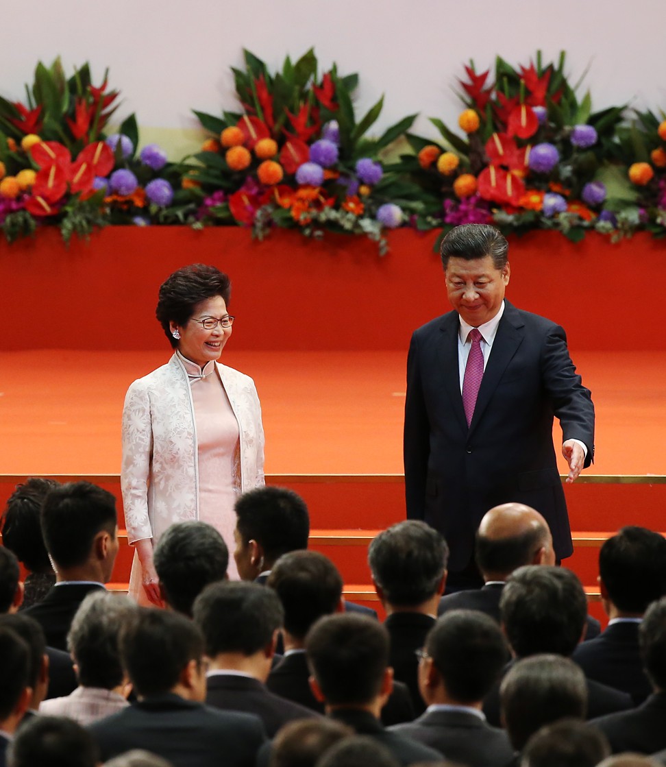 Hong Kong Chief Executive Carrie Lam Cheng Yuet-ngor and Chinese President Xi Jinping at the inauguration ceremony for Lam’s government, at the Convention and Exhibition Centre on July 1. Photo: Sam Tsang