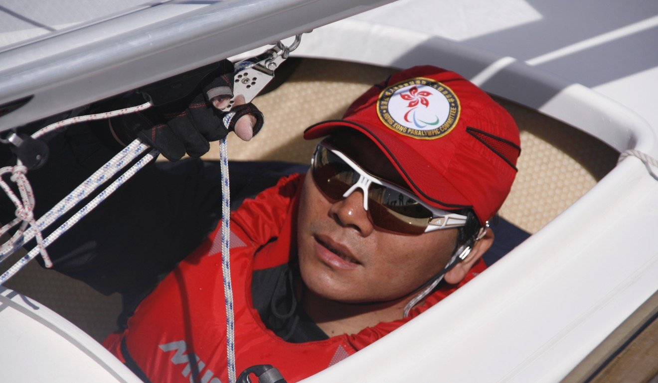 Foo Yuen-wai won a bronze medal in the 2.4mR sailing event at the 2014 Para Asian Games in his ‘Operation Santa Claus’ boat. Photo: Sailability Hong Kong