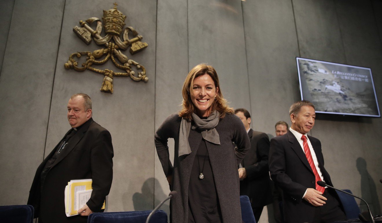 Vatican Museum director Barbara Jatta (centre) arrives with Monsignor Paolo Nicolini (left) and Zhu Jiancheng, secretary general of the China Culture Industrial Investment Fund (right) for their press conference at the Vatican on Tuesday. Photo: Associated Press