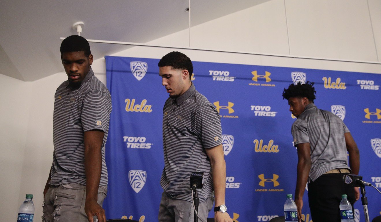 Lonzo’s brother LiAngelo Ball (centre) was one of three UCLA college basketball players detained in China following a shoplifting incident. Photo: AP
