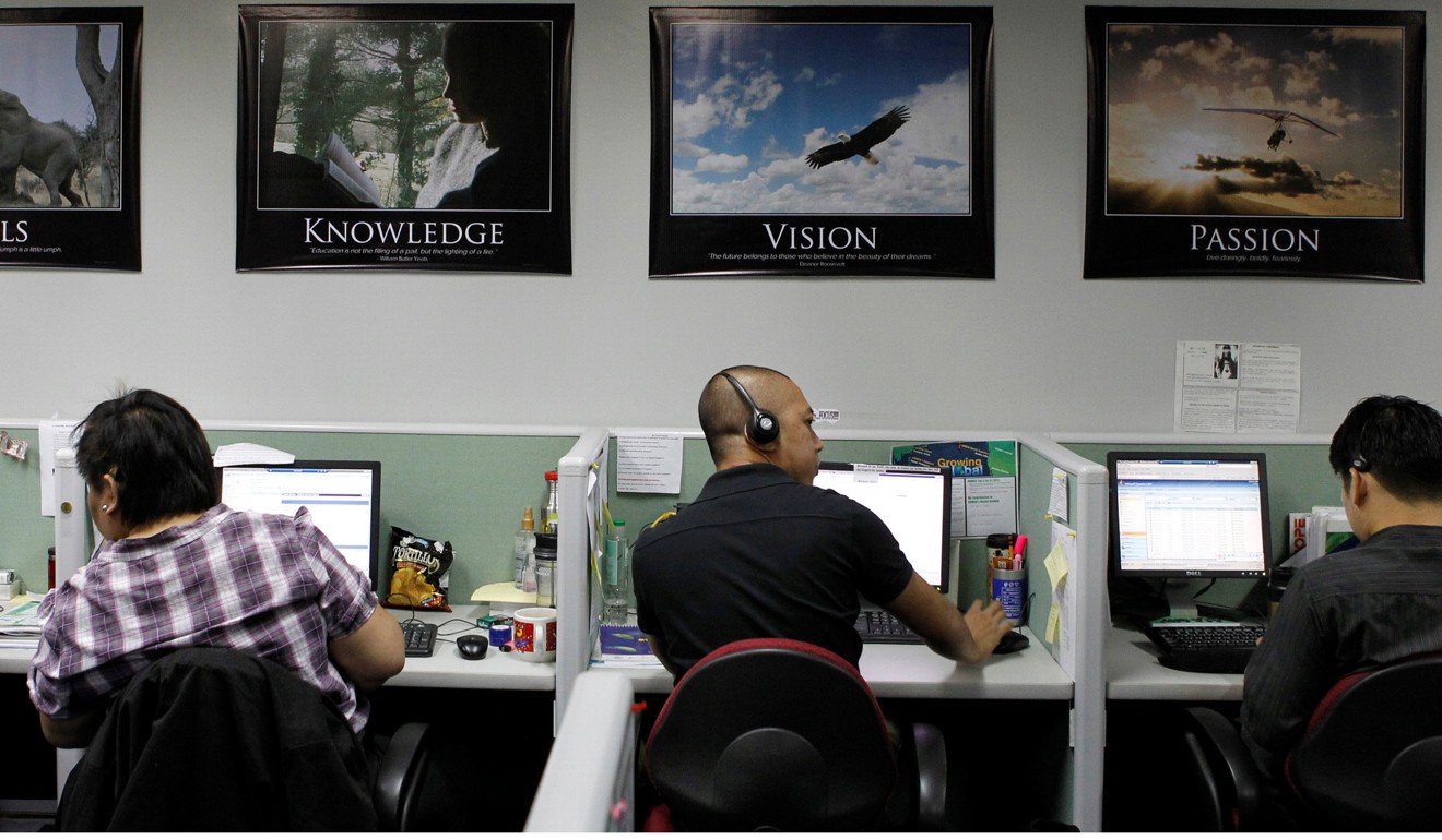 Filipinos work at a call centre in Manila. An increasing number of Filipinos have excellent English skills and many receive higher education abroad. Among these are people who would make superb English teachers for Chinese students. Photo: Reuters