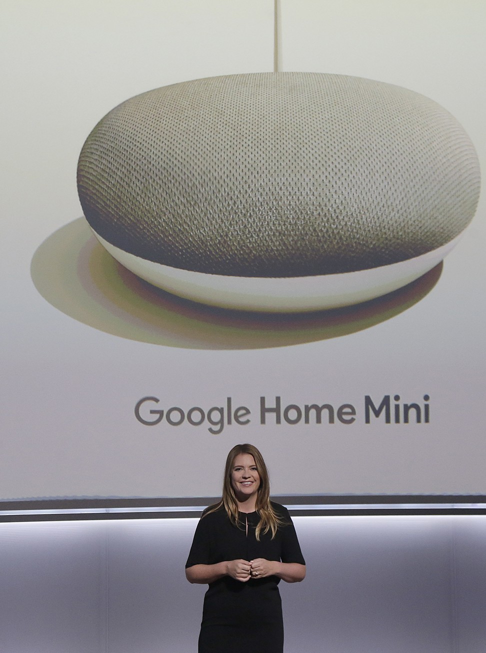 Google's Isabelle Olsson speaks about Google Home Mini devices at a Google event in San Francisco. Photo: AP