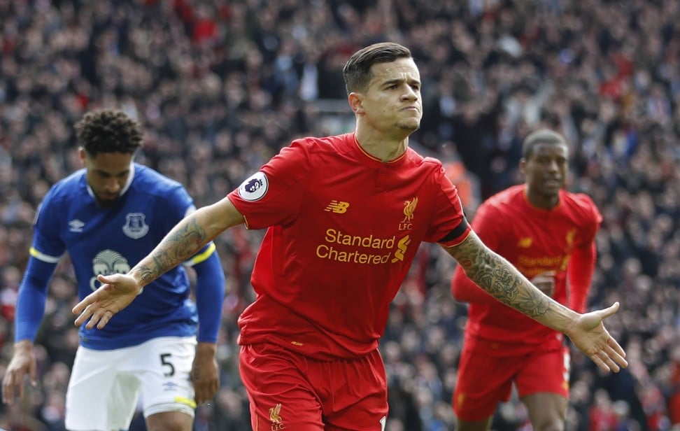 Liverpool’s Philippe Coutinho celebrates netting against Everton in April. Photo: