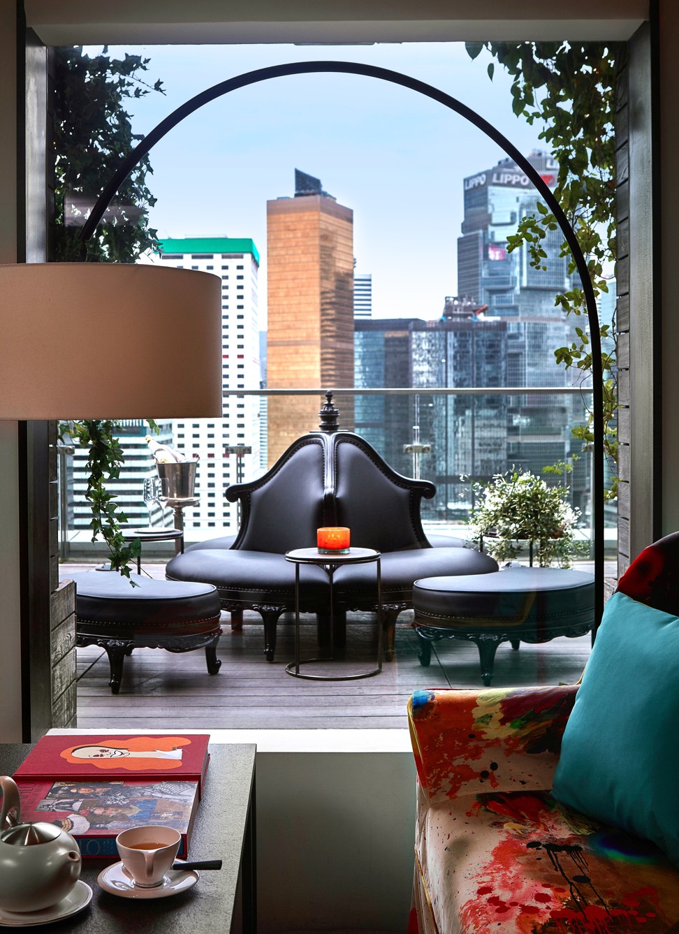 SEVVA’s interior lounge overlooking the terrace.