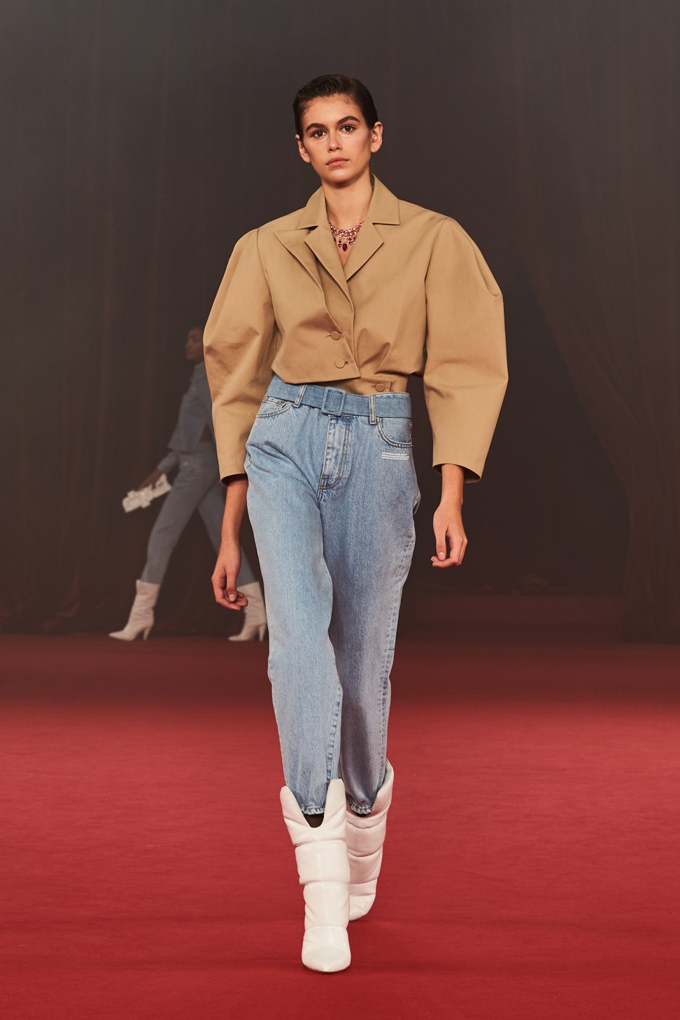 Kaia Gerber, daughter to Cindy Crawford, walking the Off-White’s spring/summer 2018 show, wearing shoes made in collaboration with Jimmy Choo.