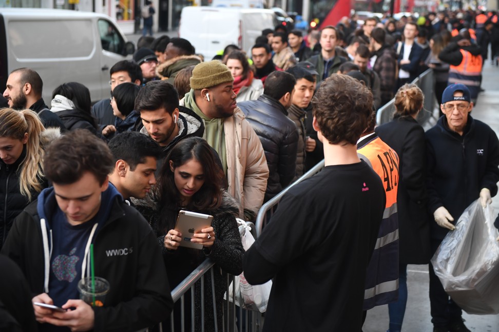 People queuing outside Apple’s Regent Street store in central London in November waiting for the launch of the iPhone X. Photo: AFP
