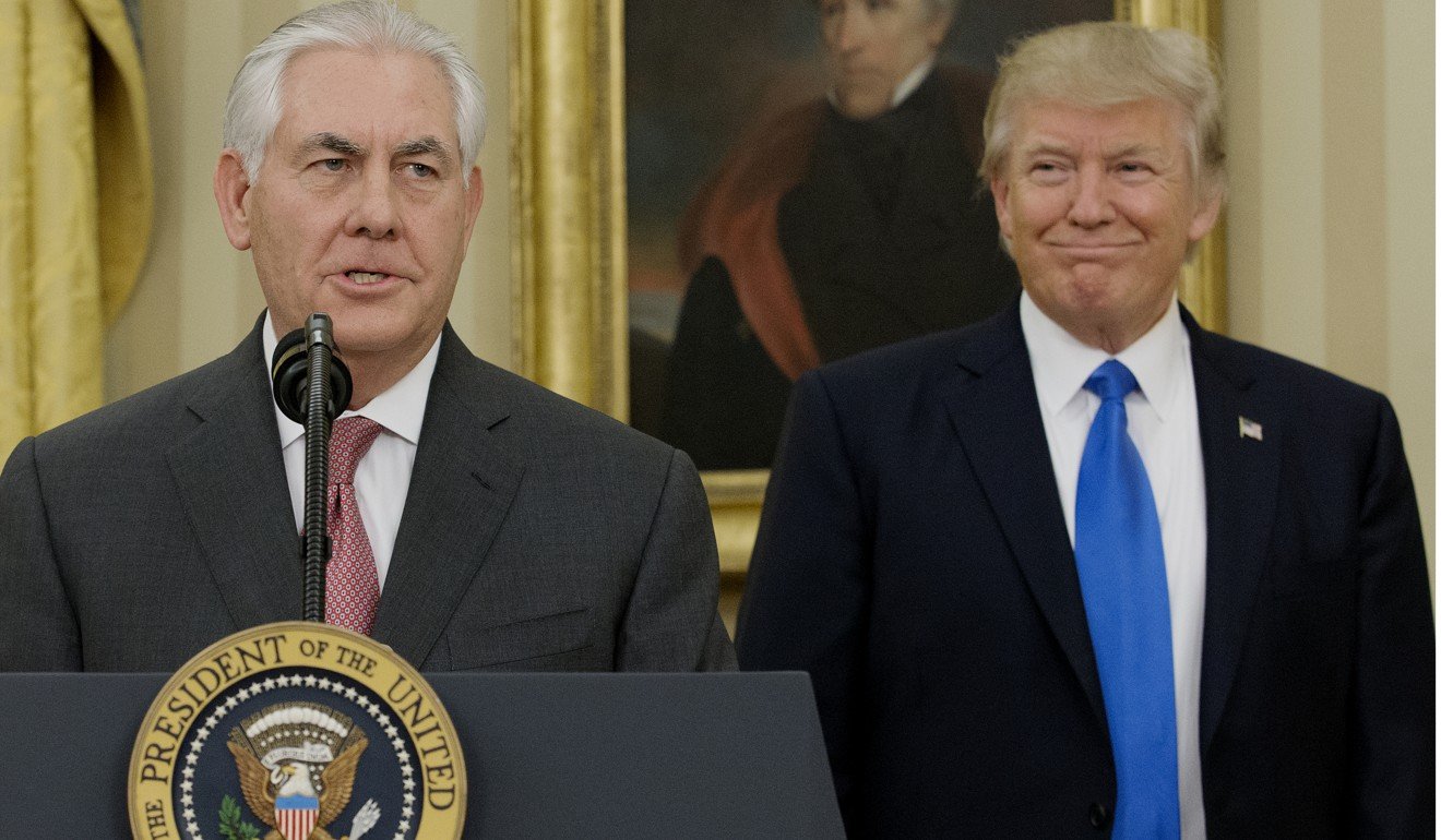 US Secretary of State Rex Tillerson speaks as President Donald Trump looks on, after Tillerson’s swearing-in ceremony in the White House Oval Office on February 1. Photo: Bloomberg