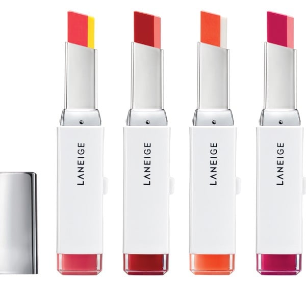 Laneige’s two-tone lip bar has high gloss and semi-matt colours.