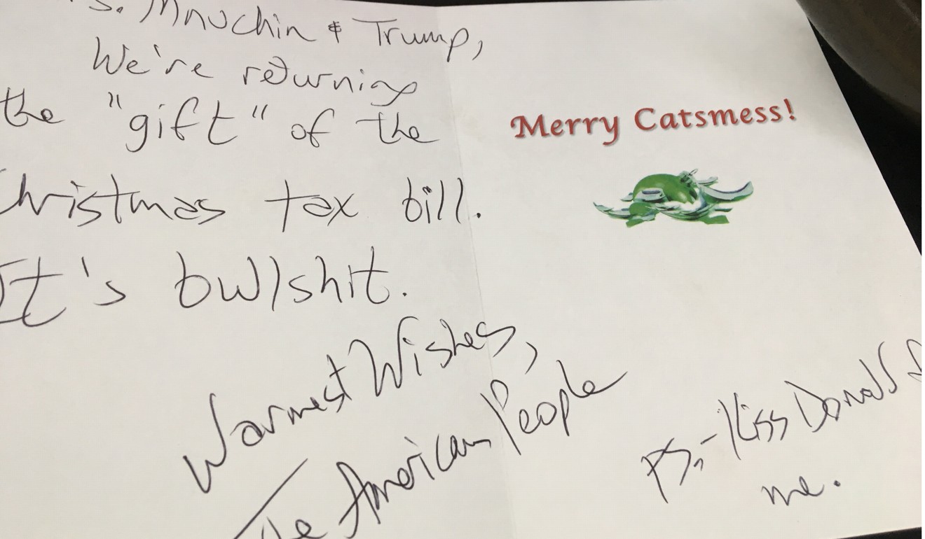 A card which went with the box of horse manure for US Treasury Secretary Steve Mnuchin. Photo: Reuters