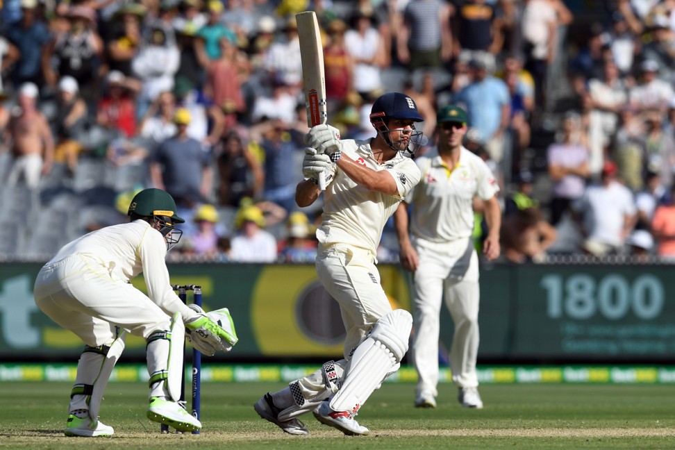 England batsman Alastair Cook pulls a ball away on the way to scoring his century against Australia on the second day of the fourth Ashes cricket test match at the MCG in Melbourne. Photo: AFP