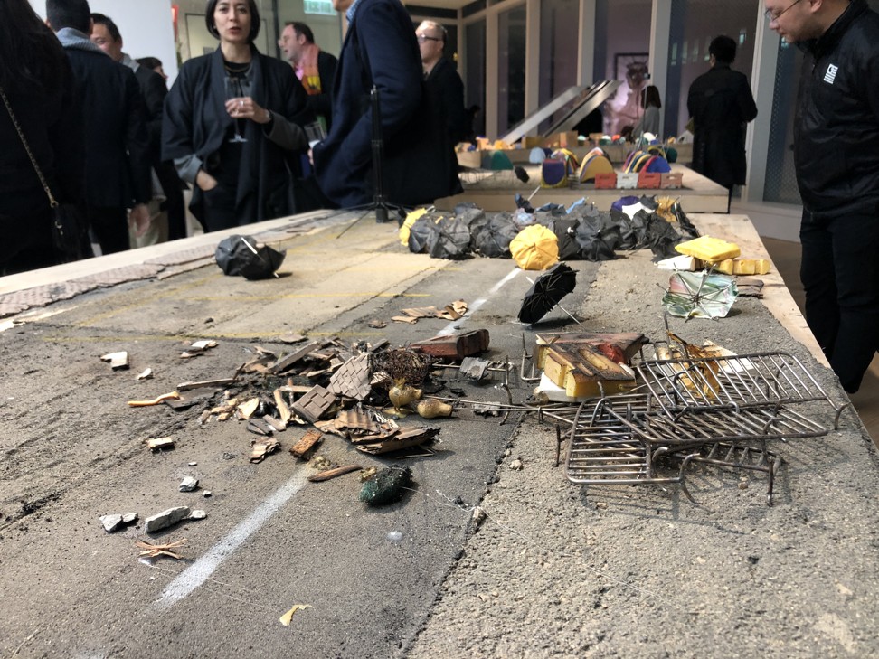 Part of Yellow Umbrella/Parasol (2017) by Shen Yuan at Tang Contemporary Art in Hong Kong. Photo: Enid Tsui