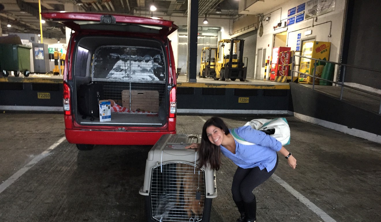 Stella McClellan with her dog Winston in his crate on his way to being relocated to Texas.