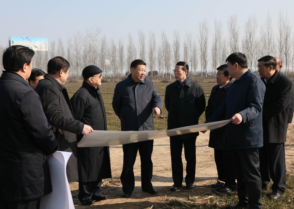 Chinese President Xi Jinping (centre) inspects the site for the Xiongan New Area scheme in northern China’s Hebei province in February last year. The economic zone is located about 100km south of Beijing. Photo: Xinhua