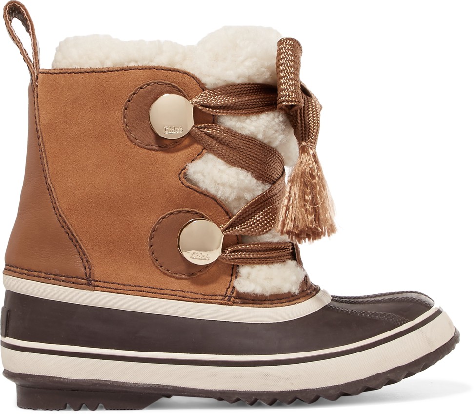 Chloé. These stylish suede and leather snow boots, a collaboration with Canadian shoemaker Sorel, have thick laces and soft shearling lining, HK$4,000