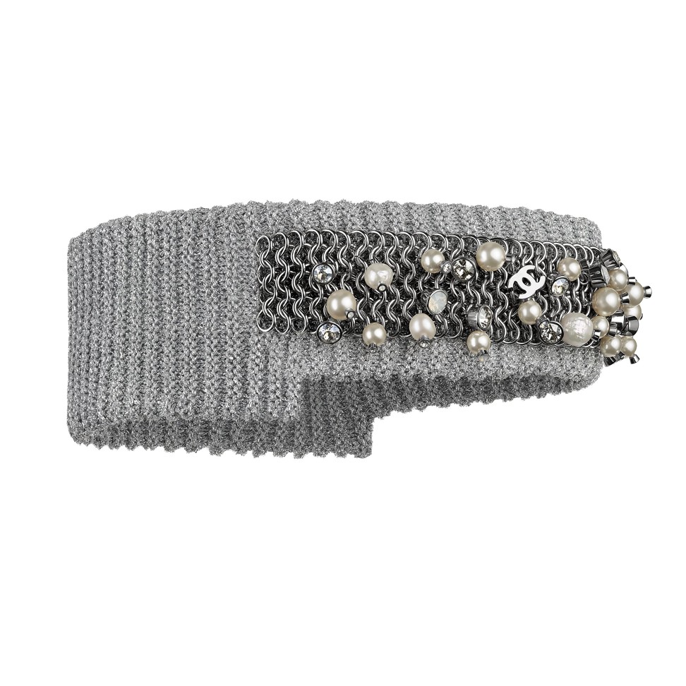 Chanel. The grey knitted headband, adorned with rhinestones and faux pearls, adds a feminine touch to your look, HK$21,500