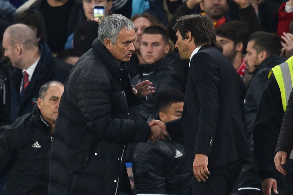 Jose Mourinho was upset but Antonio Conte’s celebrations during Chelsea’s 4-0 Premier League win at Stamford Bridge last season. Photo: AFP