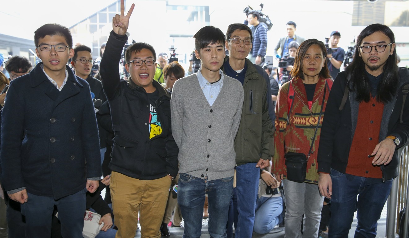 (From left) Activists Joshua Wong Chi-fung, Raphael Wong Ho-ming, Lester Shum, Chiu Chi-sum, Chan Po-ying and Kwan Siu-wang speak to the press before sentencing. Photo: Sam Tsang