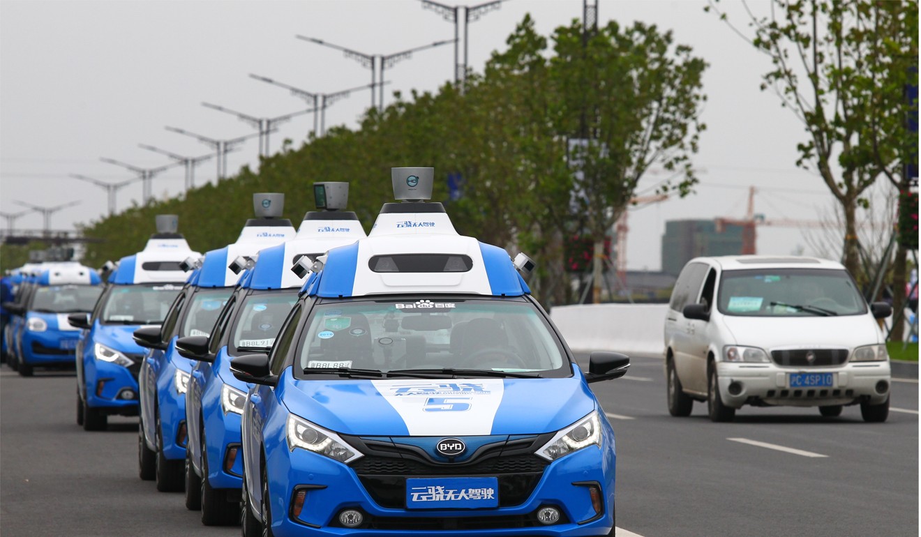 A line of Baidu driverless cars are pictured in Wuhen, China. Photo: SCMP