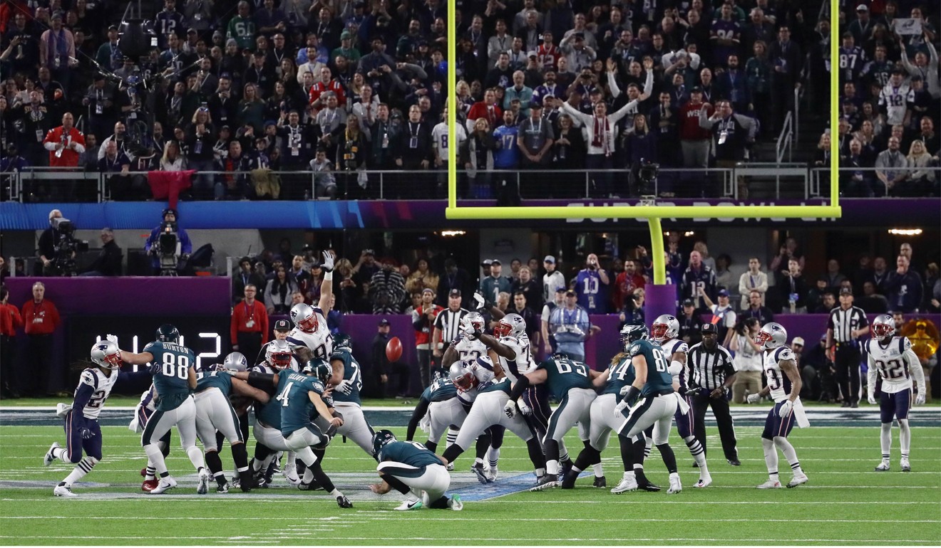 Jake Elliott (4) of the Philadelphia Eagles kicks a field goal against the Patriots in the Super Bowl. Photo: AFP