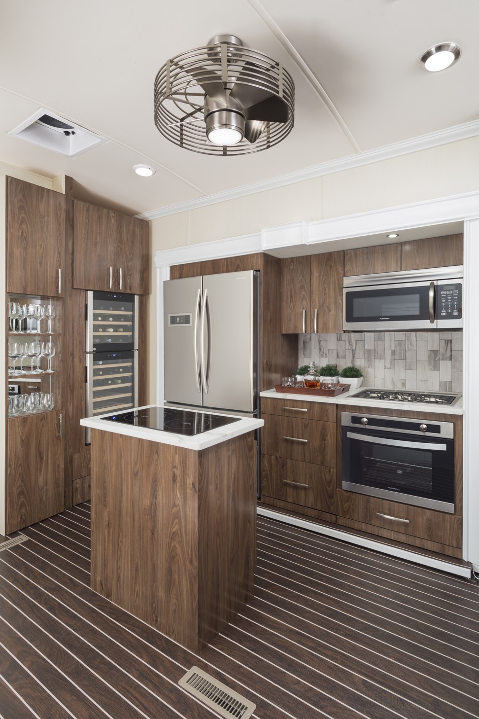 The kitchen inside the Limitless luxury RV.