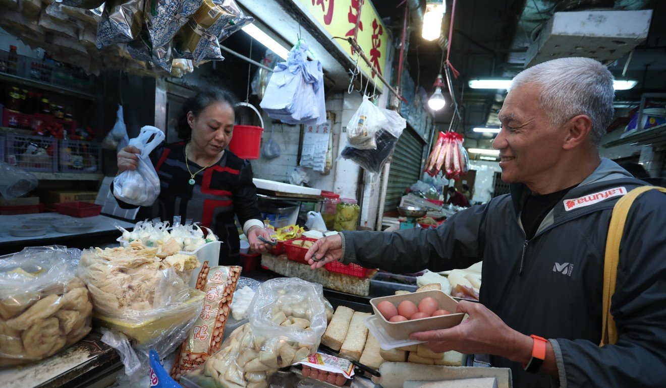 Raymond Lo goes shopping at Tai Wai wet market in Hong Kong, after doing his household chores. Photo: Jonathan Wong