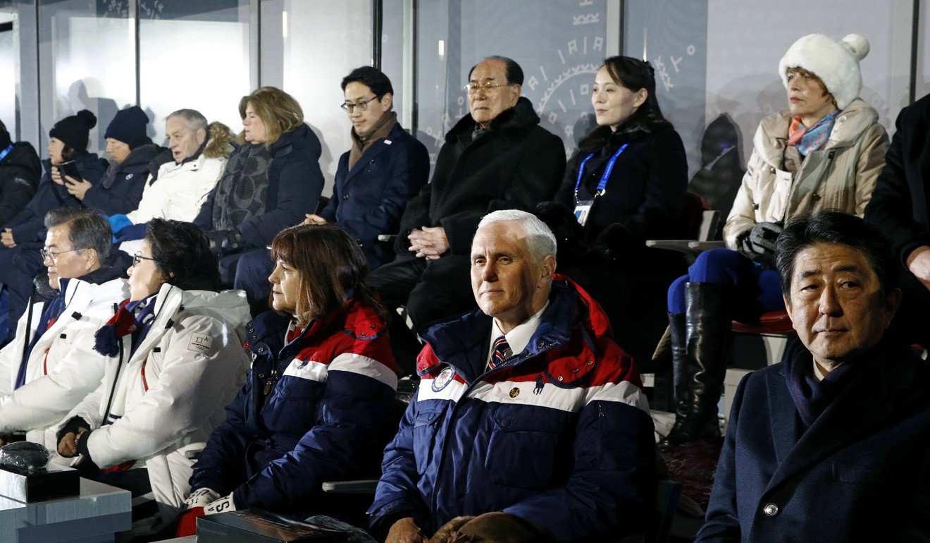Vice-President Mike Pence sits between his wife Karen and Japanese Prime Minister Shinzo Abe. Behind Pence are Kim Yong-nam (third from top right) and Kim Yo-jong (second from top right), sister of North Korean leader Kim Jong-un. Photo: AP