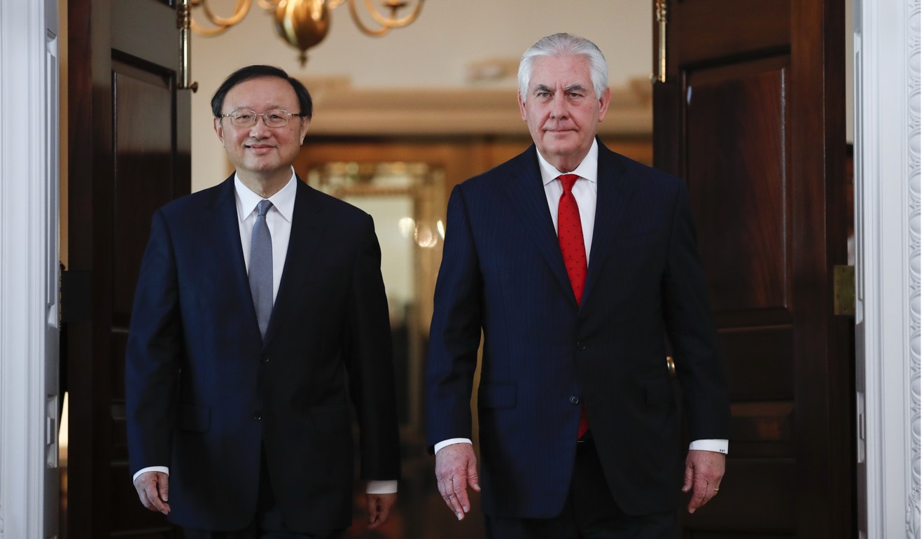 Secretary of State Rex Tillerson and Chinese State Councilor Yang Jiechi arrive for a photo opportunity at the State Department in Washington on Thursday. Photo: AP