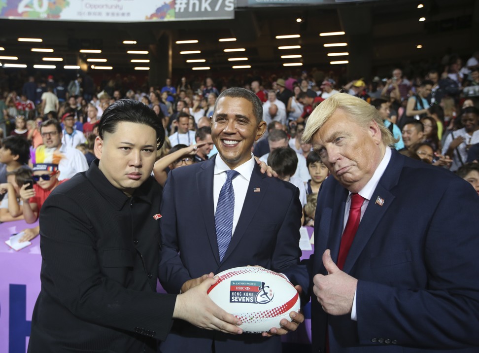 Kim Jong-un, Barack Obama and Donald Trump impersonators at the 2017 Cathay Pacific/HSBC Hong Kong Sevens. Photo: Sam Tsang