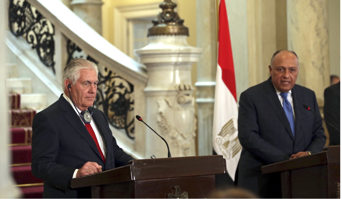 Tillerson and Egyptian Foreign Minister Sameh Shoukry at a press conference in Cairo on Monday, February 12, 2018. Photo: AP
