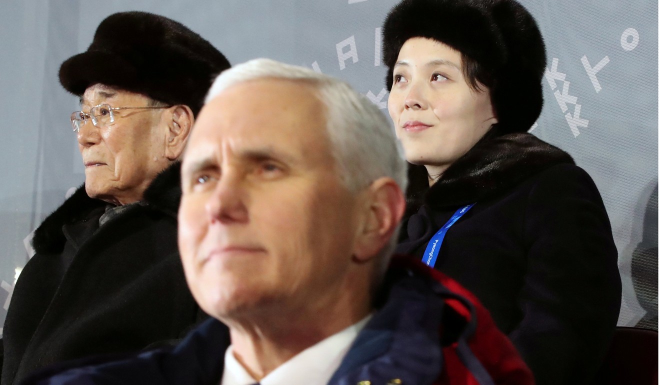 Pence sitting just feet away from North Korea’s nominal head of state Kim Yong-nam and leader Kim Jong-un’s younger sister Kim Yo-jong at the Winter Olympics opening ceremony in Pyeongchang, South Korea on February 9, 2018. Photo: Reuters