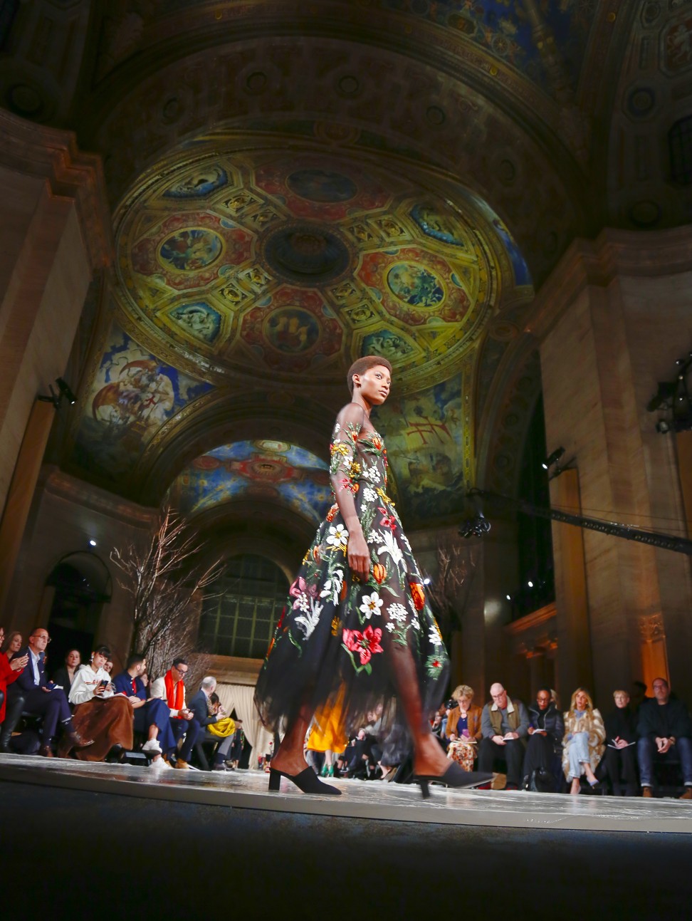 A dress with floral embroidery from Oscar de la Renta’s collection during New York Fashion Week. Photo: AP