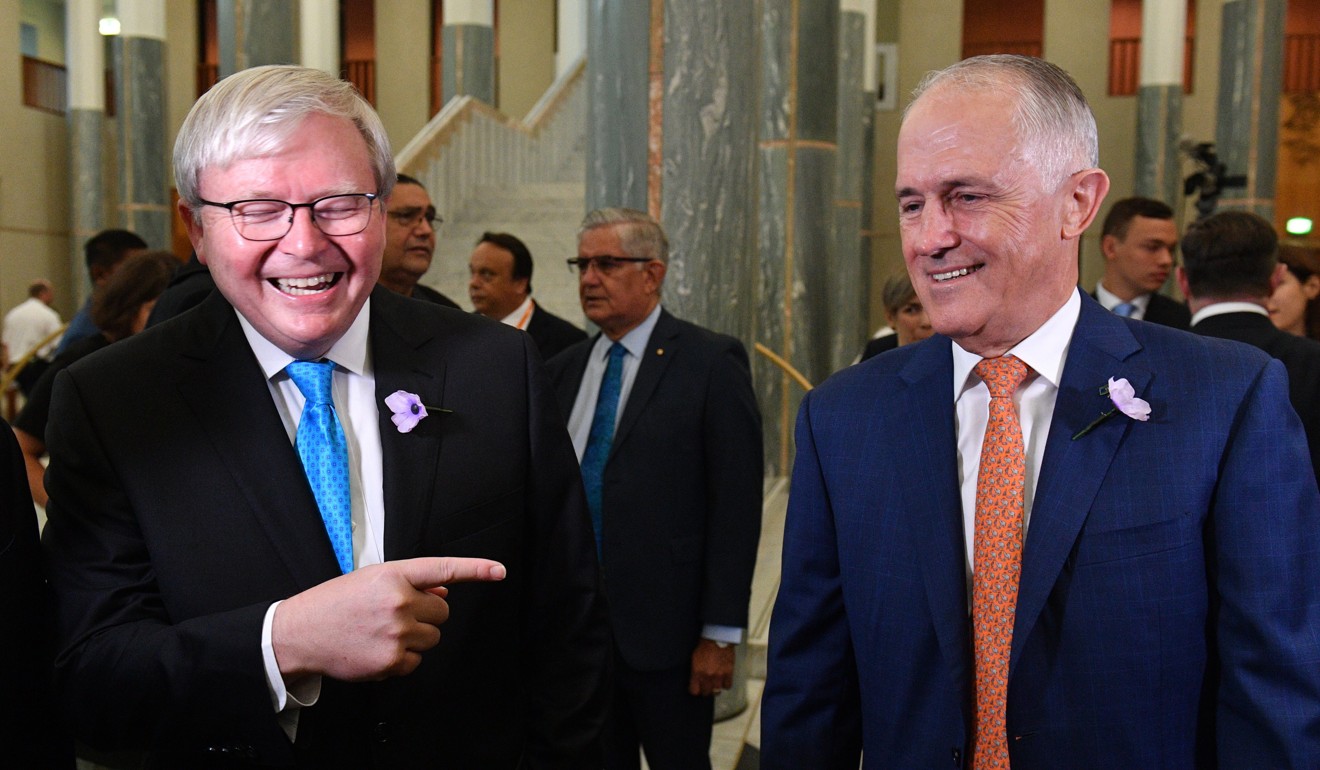 Former Australian prime minister Kevin Rudd and Prime Minister Malcolm Turnbull during a breakfast to mark the 10th anniversary of the National Apology to Australia’s indigenous people at Parliament House in Canberra on February 13, 2018. Photo: EPA