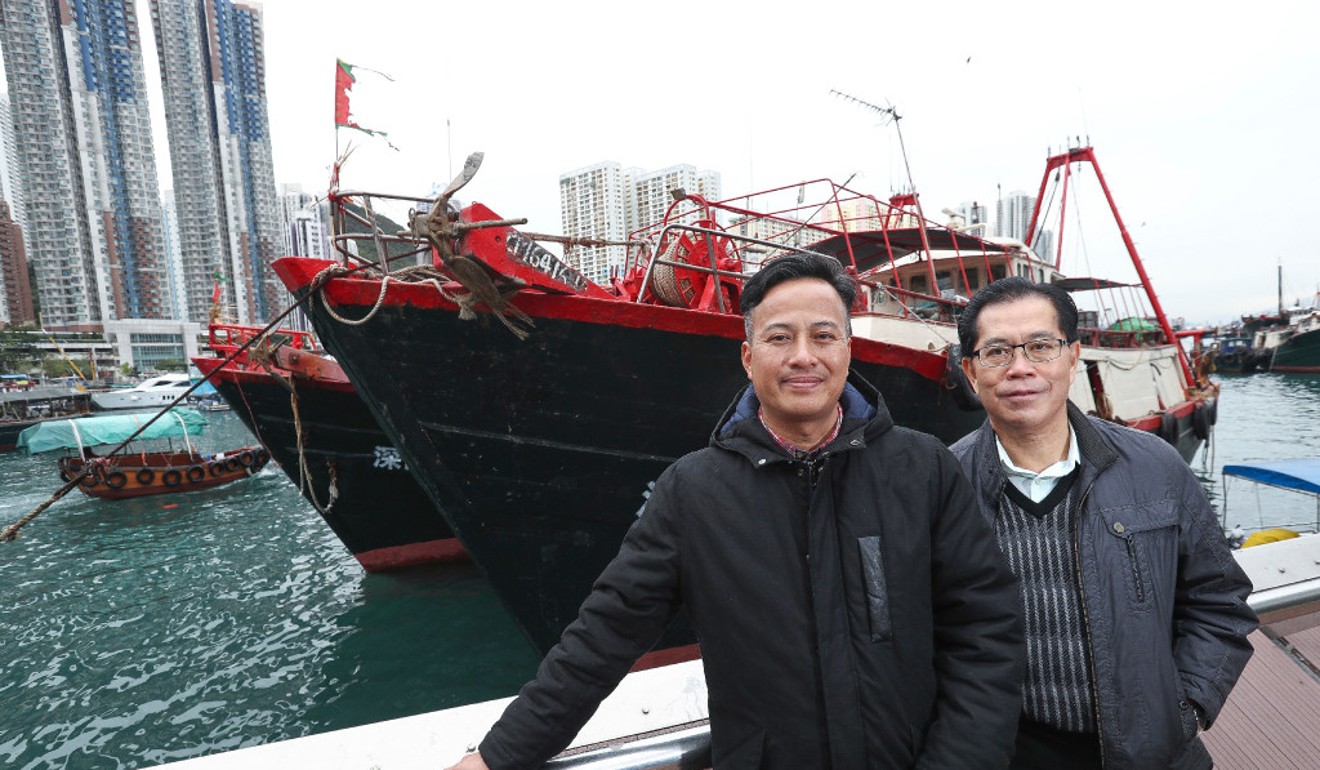 Leung Kam-ming, owner of a pearl oyster farm in Sai Kung, and Cheung Siu-keung, chairman of the Hong Kong Fishermen Consortium, at Aberdeen promenade. Picture: Nora Tam