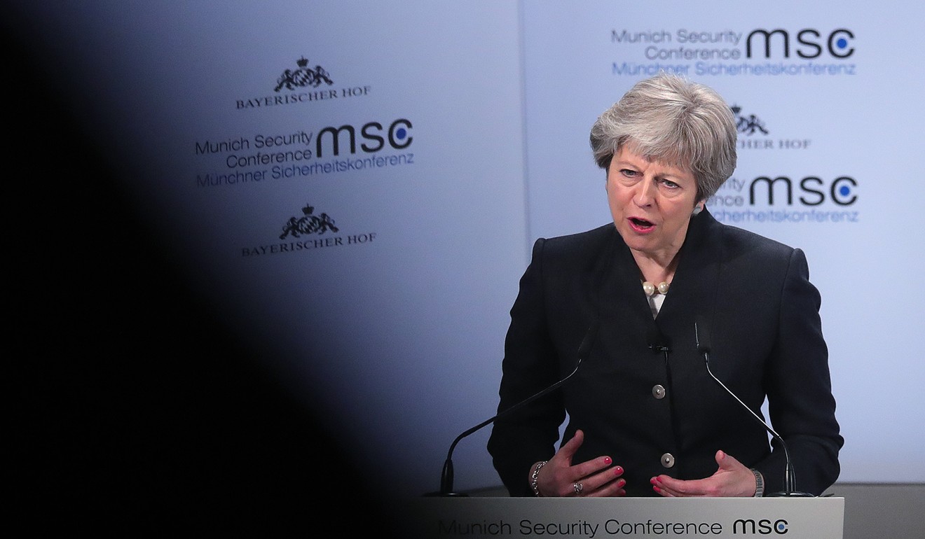 British Prime Minister Theresa May speaking at the Munich Security Conference on February 17, 2018. Photo: Bloomberg