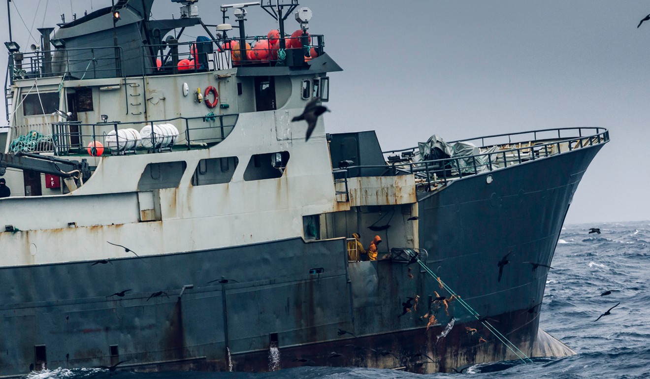 Poaching vessel Thunder pulls up illegal nets. Picture: Simon Ager/Sea Shepherd