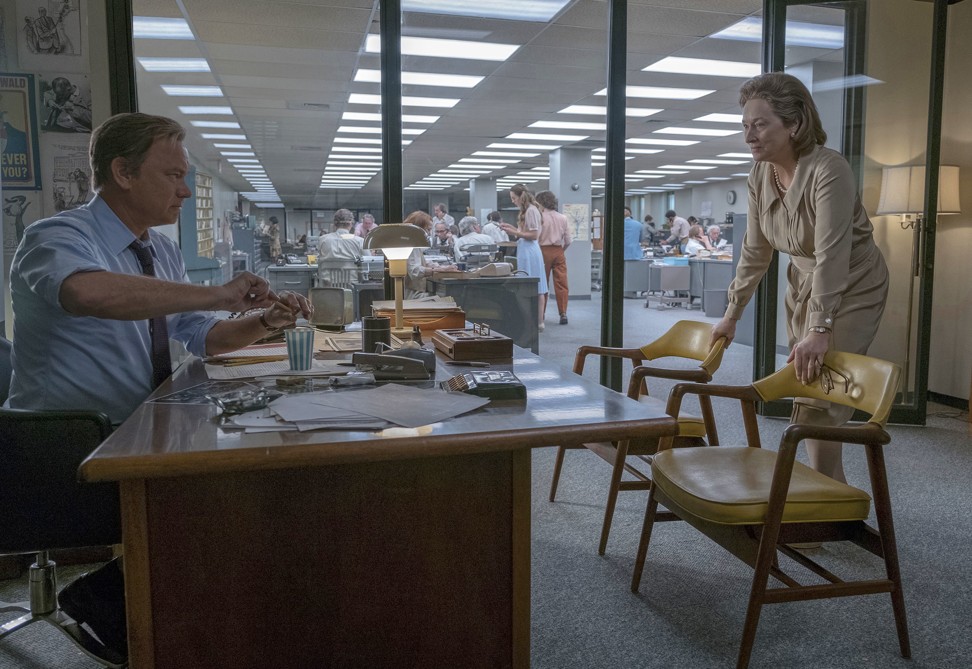 Tom Hanks portrays Ben Bradlee, left, and Meryl Streep portrays Katharine Graham in a scene from “The Post”, which is up for an Oscar for best picture. Photo: 20th Century Fox via AP