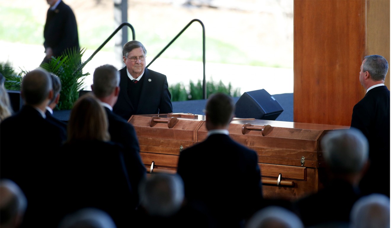 Graham’s casket sits in front of the stage during his funeral service. Photo: Getty Images via AFP