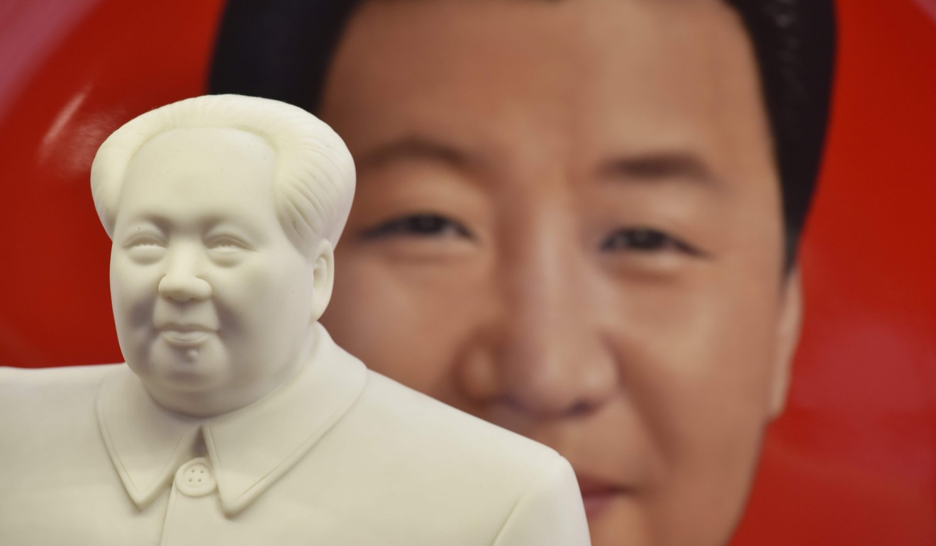 A decorative plate featuring an image of President Xi Jinping behind a statuette of late communist leader Mao Zedong at a souvenir store next to Tiananmen Square in Beijing last month. Photo: AFP