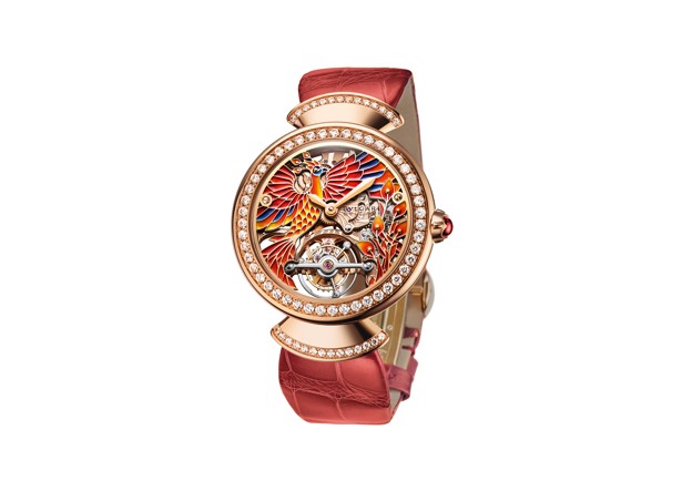 The Divas’ Dream Tourbillon Phoenix is paired with red alligator straps.