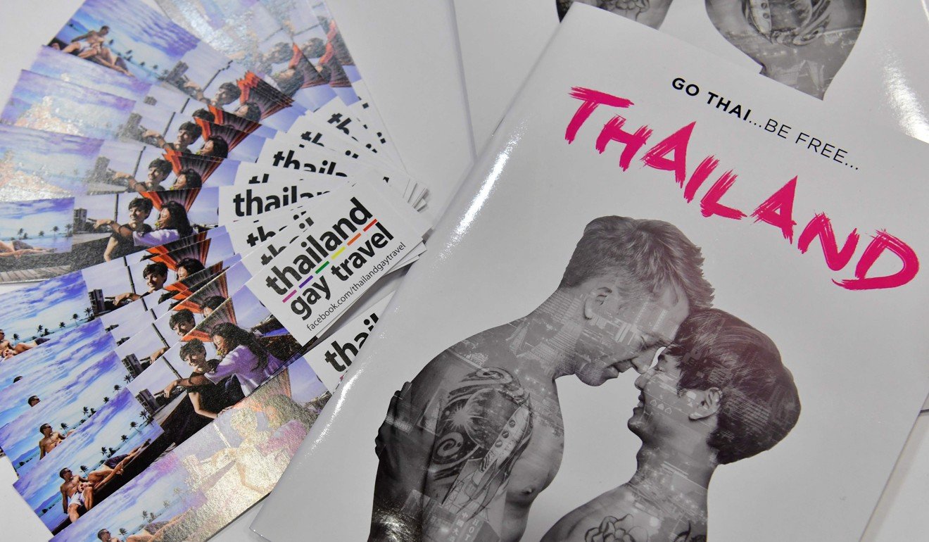 Brochures advertising Thailand in the Gay and Lesbian Travel Pavilion. Photo: John MacDougall