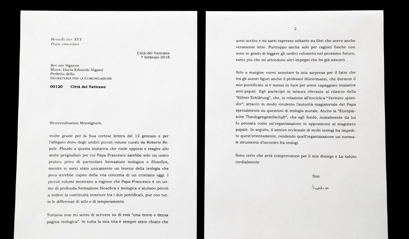 A complete copy of a letter by Emeritus Pope Benedict XVI about Pope Francis that the Vatican released Saturday. Photo: AP