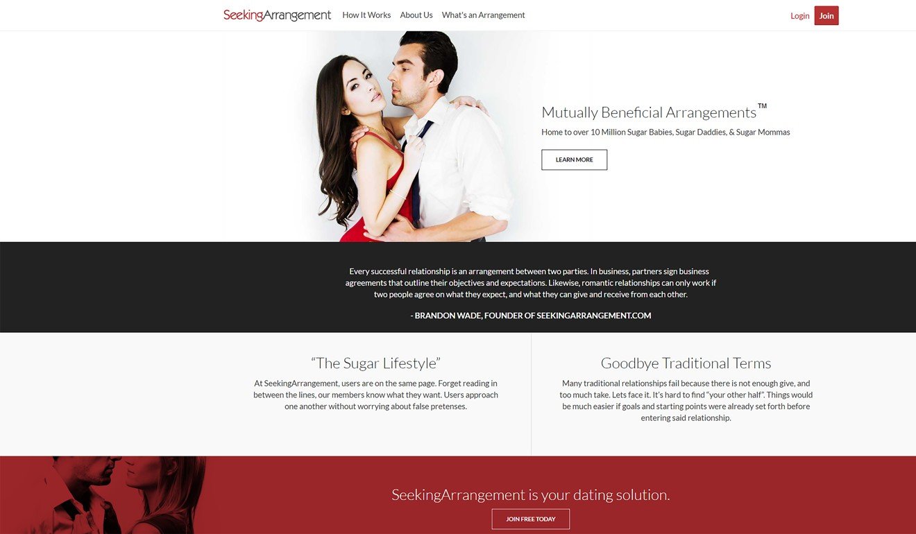 The SeekingArrangement website. The company’s slogan is ‘Relationships on Your Terms’. Photo: Internet