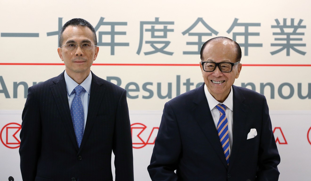 Victor Li Tzar-kuoi and Li Ka-shing attend CK Hutchison Holdings and CK Asset Holdings 2017 annual results announcement in Central. Li Ka-shing announced his retirement during the annual results announcement. Photo: Sam Tsang