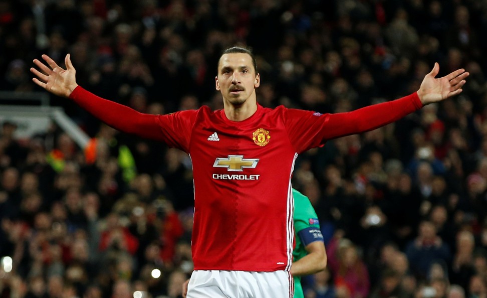 Zlatan Ibrahimovic celebrates completing a hat-trick against St-Etienne. Photo: Reuters
