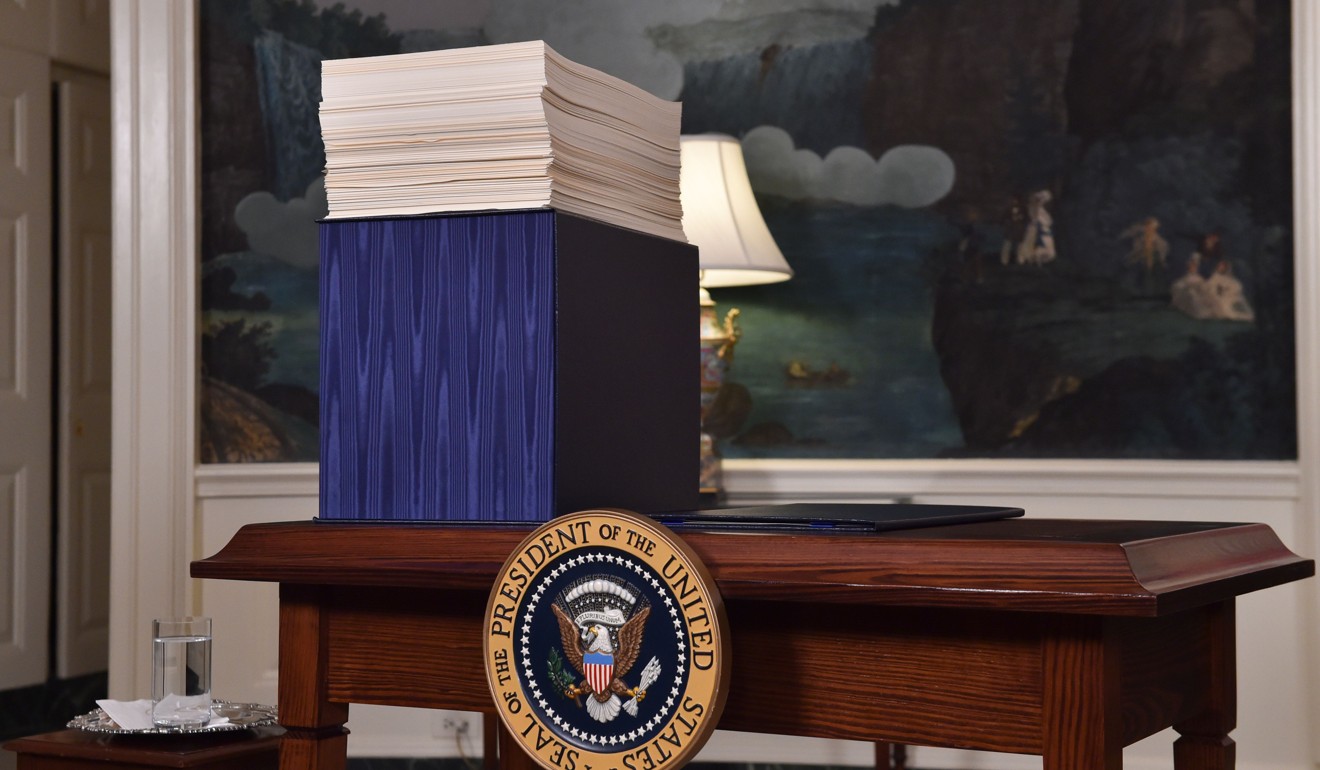 A copy of the spending bill, approved by Congress, is seen on a desk before US President Donald Trump speaks about the bill in the Diplomatic Room at the White House on Friday. Photo: AFP