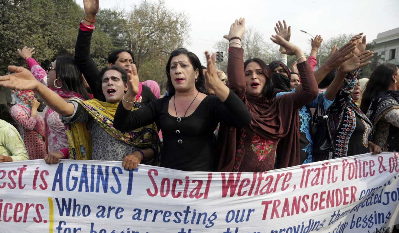 Members of the Pakistani transgender community stage a protest against the arrest of their colleagues in Lahore, Pakistan, on March 12. Police arrested dozens of transgender people for begging in streets and dancing at marriages and social gatherings to earn their livings. Photo: AP